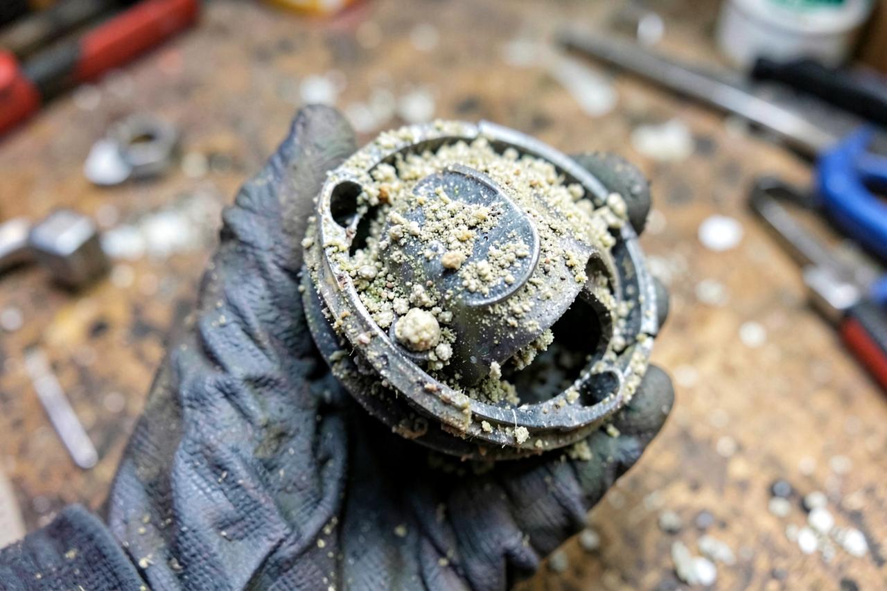 Heavy limescale on a dismantled shower mixer cartridge