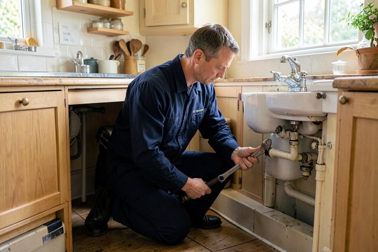 Plumber repairing a leaking waste pipe under a kitchen sink
