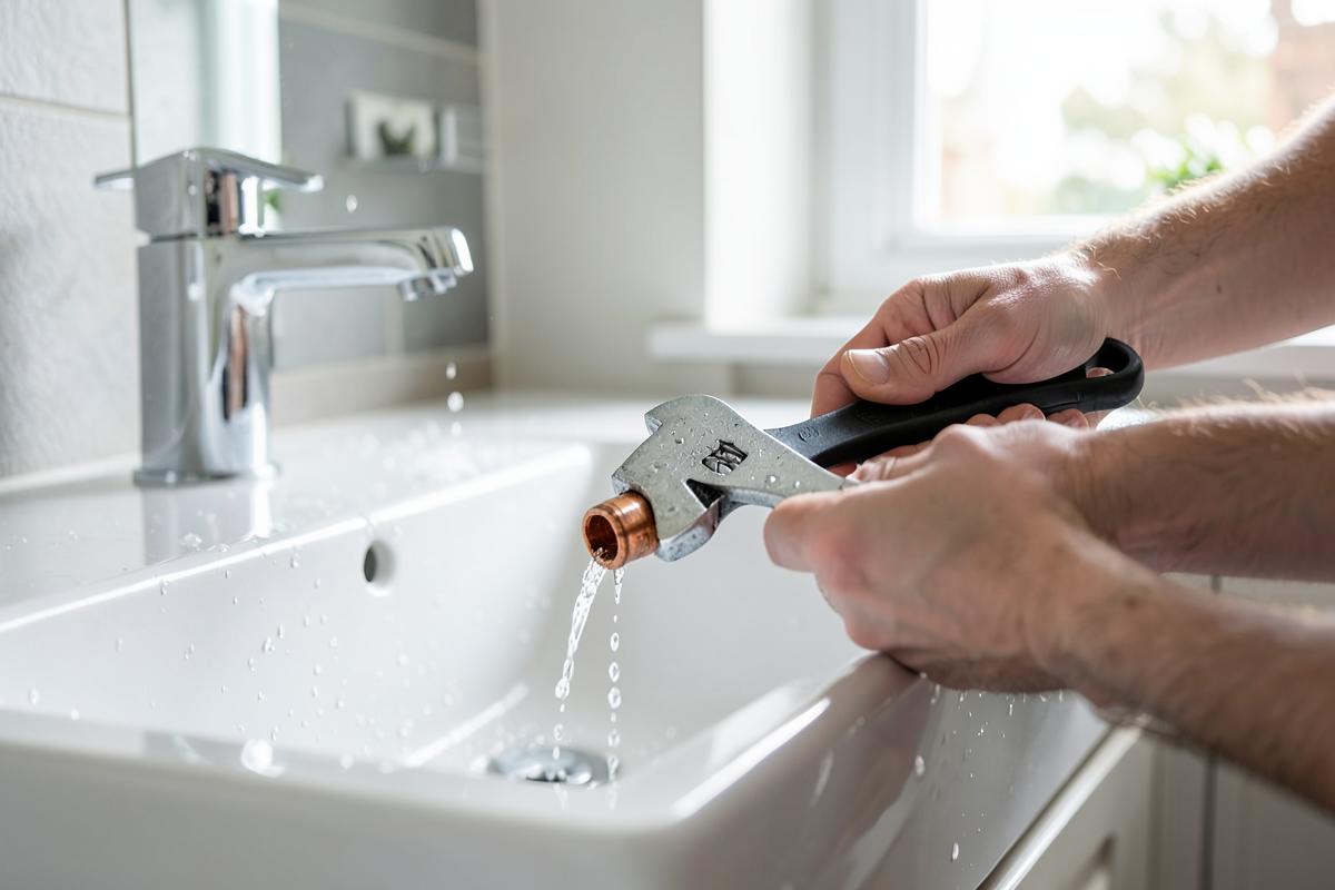 Plumber tightening a copper pipe joint beneath a bathroom basin